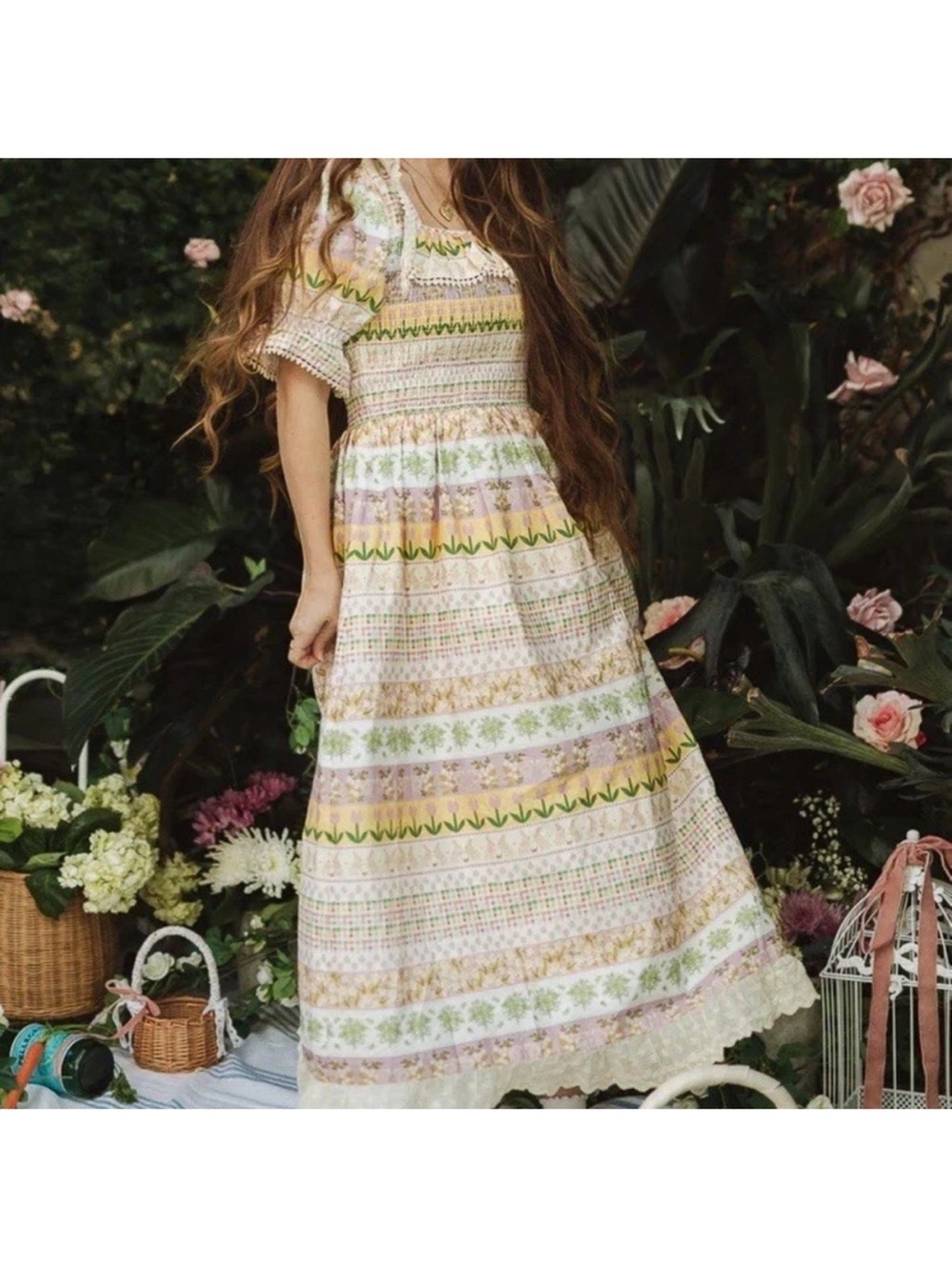 Ivy City Co Pink and Green Midi Dress with Floral Stripes